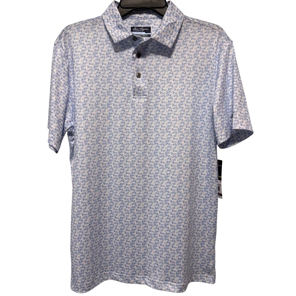 NWT UPF 50 Ben Hogan Performance Mens Large Blue Geometric Print Golf Polo Shirt